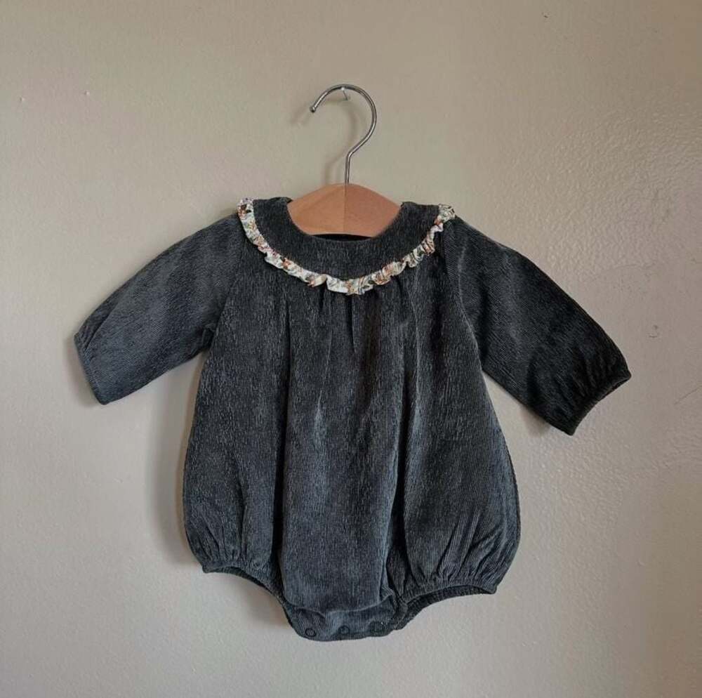 No brand-  Corduroy Floral Collar Bubble Romper 3-6M